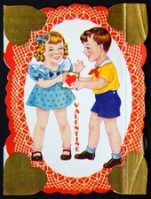 1930s VALENTINE CARD CUTE LITTLE GIRL AND BOY EXCHANGE A CARD FOLD OUT USA VTG picture