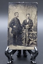 Antique 1870s Sixth Plate Tintype Photo Two Men Standing Rustic Wood Fence Prop picture