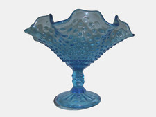 Vtg Aqua Blue Hobnail Ruffled Edge Pedestal Candy Dish Compote 7