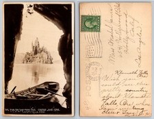 1923 Phantom Ship Crater Lake Oregon RPPC Postcard Rowboat Cave View picture