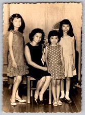 Vtg B&W Snapshot Asian Mother Daughters Girls Gingham Polka Dot Dresses 1960s picture