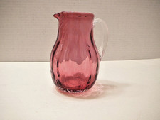 Glass Pitcher Cranberry Optic Rib Ribbed Glass Clear Applied Handle Hand Blown picture