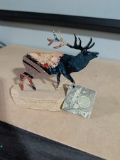 Elk Caribou Sandstone Base Art Figurine Laser Cut Vintage Colorful MCM Decor picture