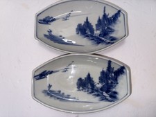 Vintage Japanese Blue & White Porcelain Boat Dishes Sansui Landscape Fuku pair picture