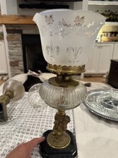 Antique Etched Glass Brass Stem Metal Base Kerosene Oil Lamp picture
