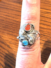 Vintage Navajo Sterling Silver 925 Turquoise & Red Coral Ring Size 7 4.9 Grams picture