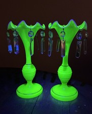 Antique Vintage Uranium Vaseline Opaline Bohemian Glass Mantel Mantle Lusters picture