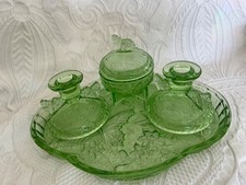 Vintage Sowerby Green Glass Butterfly Dressing Table Vanity Set Art Deco 1930s picture