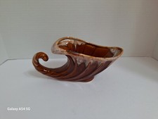 Vintage Brown Drip Glaze Planter Succulents Medium Cornucopia Shape White Tan picture