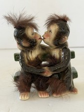 Kissing Monkeys Porcelain Figurine Japan MCM Fuzzy Furry Monkey Couple Vintage picture