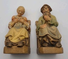 Vintage Heinzeller Hand Carved Wooden Figures Woman knitting Man Smoking Pipe picture