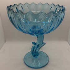 Vintage Indiana Glass Blue Lotus Shape Compote Candy Dish MCM Art Deco  picture