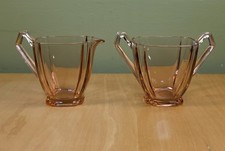 Vtg 2 Pc Set Heisey? Pink Flamingo Depression Glass Cream & Open Sugar picture