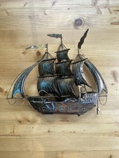 Vintage Metal Sailing Ship Sculpture Brutalist Copper Verdigris Nautical Decor picture