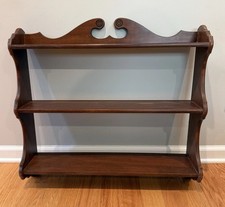 Vintage Wood Wall Shelf 3 Tier Colonial Revival Scroll Top Plate Curio Display picture
