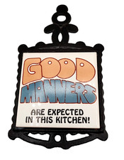  Cast Iron Ceramic Tile Trivet Good Manners Are Expected Kitchen Vtg Groovy picture