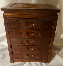 Vintage Chinese Carved 5-Drawer Rosewood Jewelry Chest Handmade Gorgeous  picture