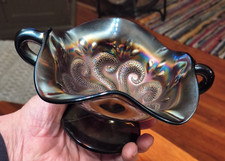 VINTAGE DUGAN QUESTION MARK CARNIVAL GLASS AMETHYST FOOTED 2 HANDLE BON BON DISH picture