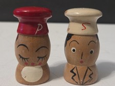 Vintage 1950s Wooden Figural Salt Pepper Shakers Salty Peppy Chef Couple picture