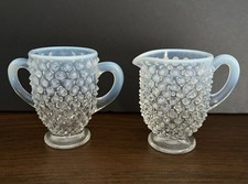 Vintage Blue Opalescent Hobnail Glass Creamer And Sugar Bowl Set picture