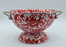 Vintage Graniteware Enamelware Red & White Speckled Spatter Footed Strainer picture