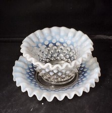 Fenton White Opalescent Hobnail Glass Bowl and Underplate Set 5.5