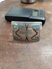 ZUNI Bennie Bowekaty Sterling Silver Inlay Turquoise Chip Buckle NATIVE AMERICAN picture