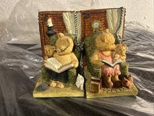 Vintage Teddy Bear Reading Bookends Boy & Girl Resin Library Nursery Decor Set picture