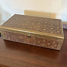 Vintage Mango Wood/Brass Box with Latch, Jewelry Trunk, 15.5” by 8.5  picture