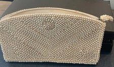 Cream Faux Pearl Beaded Clutch Purse Flower Design Zipper Evening Bag picture