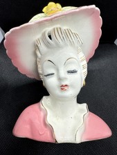 🔥 Possibly Relpo Mid Century Lady Hat Bust Vase Pink Yellow Flower Mod Head HTF picture