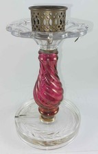 ANTIQUE CRANBERRY RED & CLEAR GLASS ELECTRIC LAMP BASE - NO GLOBE/SHADE picture