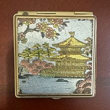 Vintage Square Gold Tone Cosmetic Compact Mirror with Asian Pagoda Design picture