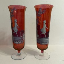 VTG Mary Gregory Style Cranberry Glass Vases Hand-painted White Enamel Girl 12” picture