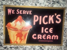 VTG “We Serve PICK’S ICE CREAM - Reverse Painted Glass Advertising Sign picture