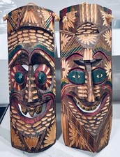 x2 Vtg Tiki Masks 23” Tribal Wall Sculptures Handmade Painted and Chip Carved picture