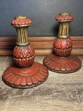 Vintage Pair Plaster Chalkware Red Gold Taper Candle Holder 6” Regency Ornate picture