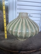 Global Views Art Pottery Olive Green Vase Glazed Ribbed Mid Century Modern picture