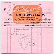1901 J.D. Williams & Bro. Ice Cream/Cough Drops billhead picture