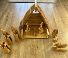 Vintage 1967 Taiwan Bamboo Nativity Set w/ Stable 10 Pc Handcrafted Christmas picture