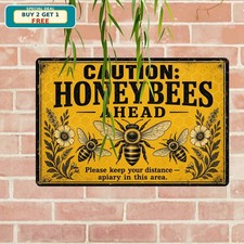 Honey Bee Hive Caution Honeybees Beekeeper Farm Retro Metal Tin Sign picture