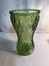 Vintage HOOSIER GLASS Green Diamond Optical Swirl Pattern Glass Vase 8” Tall,... picture