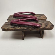 Vtg Japanese Red Geta Sandals Traditional Wooden Footwear For Child Tiny Woman picture