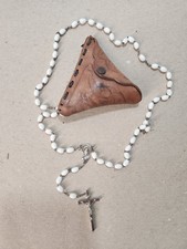 Vintage Italian White Bead Rosary Silver Tone Crucifix Leather Pouch Catholic picture