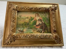Antique Victorian Ephemera Framed, Adorable Children At Pond With Ducks picture