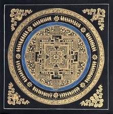HAND-PAINTED KALACHAKRA MANDALA TIBETAN THANGKA – BLACK AND GOLD WHEEL OF TIME picture