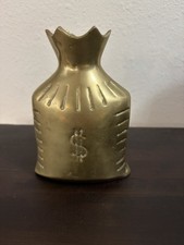 Vintage Brass Figurine Money Sign Bag Vase Pouch Heavy Bank 1960s  picture