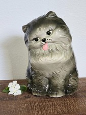 Vintage Grey Ceramic Cat w/ Tongue Out-MCM Cute Large Retro Persian Sitting Cat picture