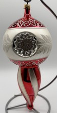 Vtg West German Jumbo Triple Indent Glass Finial Red Christmas Ornament 8” picture
