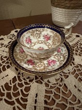Antique Cauldon England N3983 Cobalt Blue Pink Roses Gold Gilt Teacup & Saucer picture